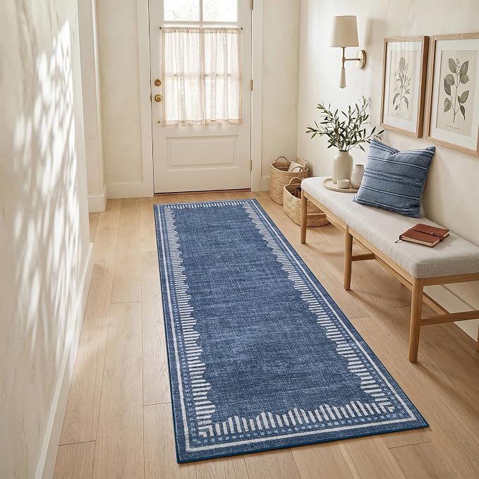 Garvee 2x8 Runner Rug Hallway Kitchen Washable Neutral Solid Blue Runners | Low Pile Stain Resistant Modern Geometric Living Room Bedroom Long Runner Throw Carpet Scalloped Nuesery Entry Area Rugs
