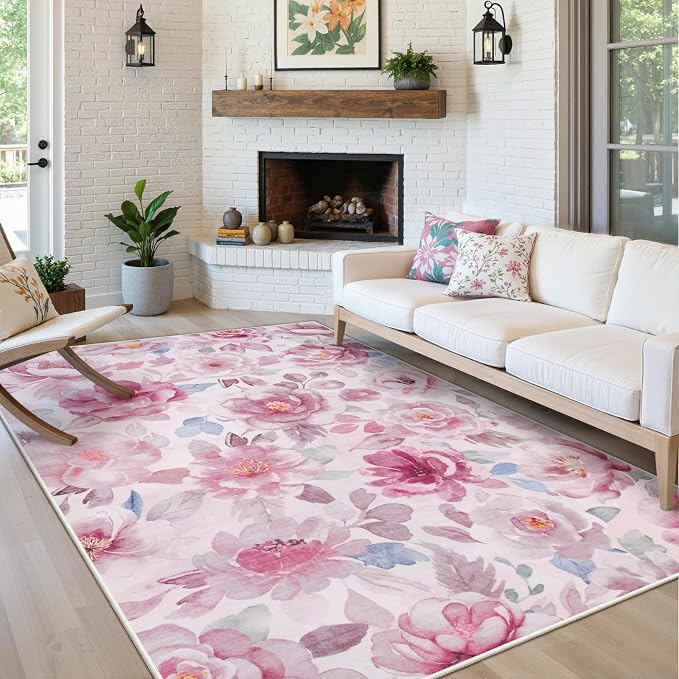Lahome Pink Floral Area Rug 5x7 for Living Room and Girls Bedroom, Boho | Machine Washable, Non Slip Vintage Low Pile Large Throw Carpet for Dining Room Office