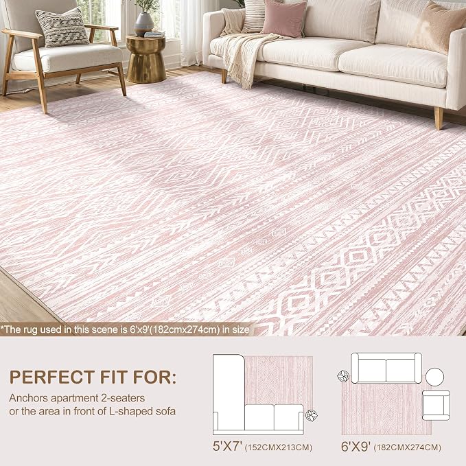 Tortania Area Rug Living Room Rugs- 6x9 Washable Large Soft Neutral Boho Moroccan Bohemian Farmhouse Rug Indoor Floor Carpet for Bedroom Under Dining Table Home Office Decor - Pink