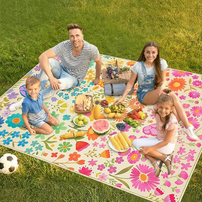 Floral Picnic Blankets Waterproof Foldable, 80″X80″ Extra Large Picnic Mat Boho Outdoor Blanket for Grass, Cute Packable Beach Blanket Sandproof Picnic Accessories for Camping Music Festival Park Lawn