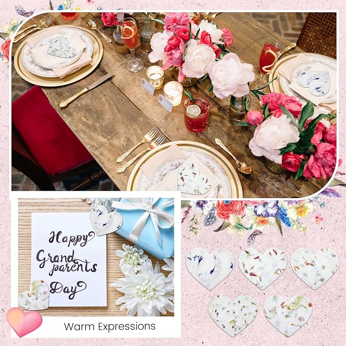 Dunzoom 50 Pcs Handmade Seed Paper Plantable Wildflower Seed Paper Recycled Flower Petals Tags Wedding Favors for Guests Craft Gifts Cards for Envelope Birthday Party, 5 Styles (Heart)