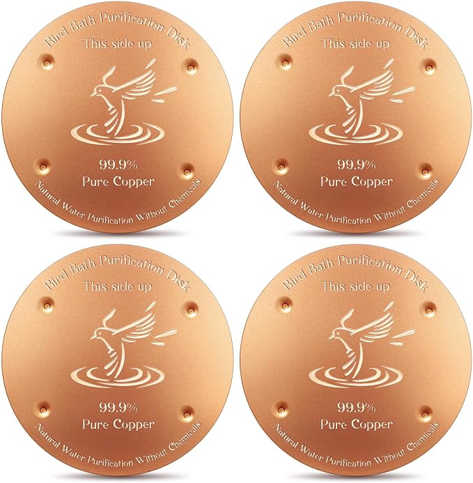 MorningRo 4 Pcs Bird Bath Copper Disk, 0.8mm Thick Reinforced 99.99% Pure Copper Birdbath Purification Disk, with 4 Point Support for Safe Birdbath Cleaner, 4 Inch in Diameter