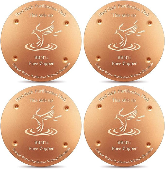MorningRo 4 Pcs Bird Bath Copper Disk, 0.8mm Thick Reinforced 99.99% Pure Copper Birdbath Purification Disk, with 4 Point Support for Safe Birdbath Cleaner, 4 Inch in Diameter