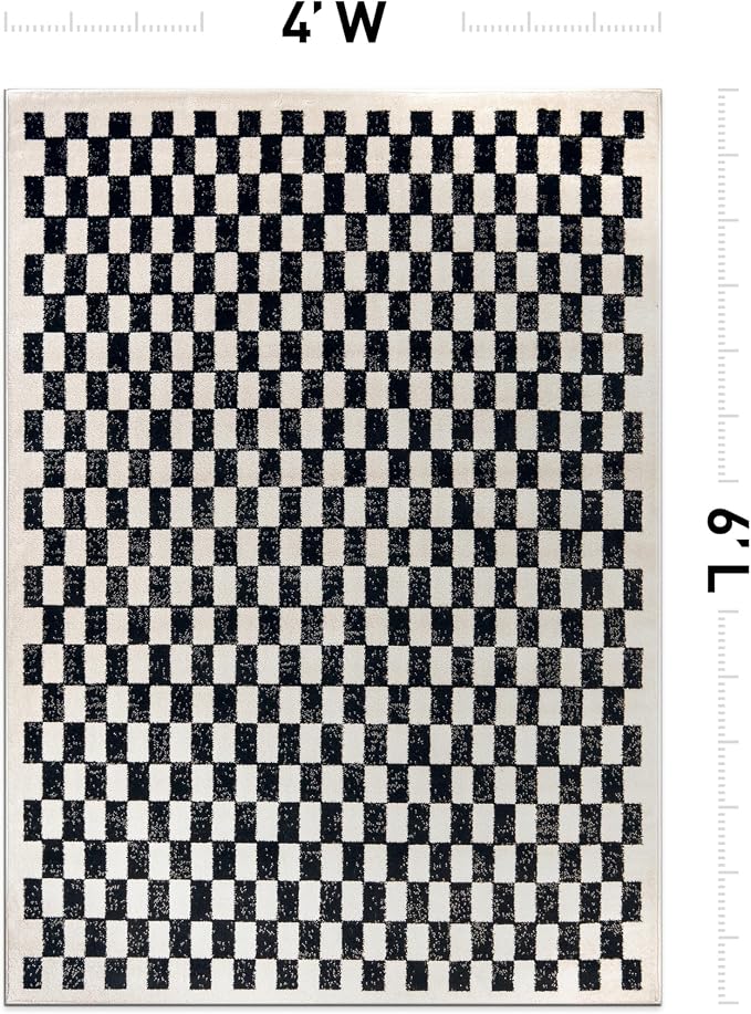 Rugshop Contemporary Checkered Grid Contrast Area Rug Soft Black 4' x 6' | Rectangular, Size 4' x 6', Living Room, Bedroom, Dining Room, Home Office, Kitchen, Entryway, Hallway, Nursery, Kids Room