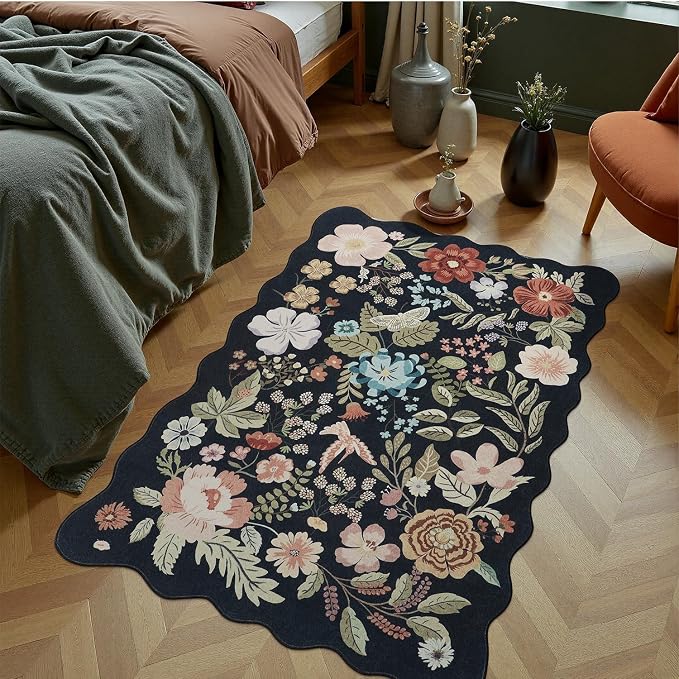 DCX Vintage Floral Washable Area Rug 2x3, Non Slip Low Pile Rug, Black | Rugs for entryway, bedroom, dining room, office, soft, kid & pet friendly, sain resistant indoor carpet, home decor