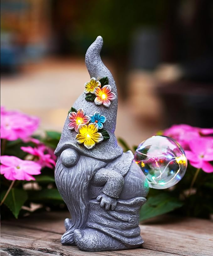 Nacome Solar Funny Gnome for Garden Decor: Durable Resin Statue All-Weather Automatic On/Off Switch Bubble Outdoor Outside Patio Porch Front Pathway - Gifts for Mom Grandma Lady