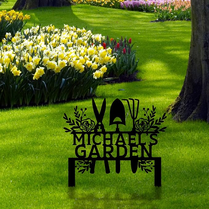 Custom Metal Garden Tools Sign with Stakes, Personalized Garden Name Sign, Yard Art, Patio Decorations, New Home Gift, Garden Decorative, Gardening Tools Sign for Outdoor, Large Housewarming Gift