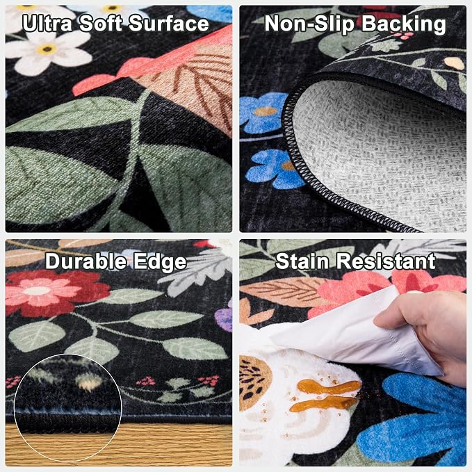 PLHXFR 8x10 Area Rug Living Room: Floral Washable Boho Soft Carpet Black | For Bedroom Dining Room Farmhouse Nursery Hallway,Vintage Floral,Machine washable,Non Slip,Stain Resistant,Large Indoor