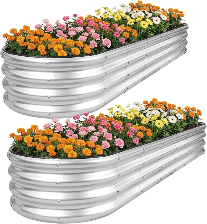 Galvanized Raised Garden Bed 2 Pack, 8x2x1ft Oval Metal Planter Box Outdoor with Support Rods & Corner Protection, Planter Beds for Vegetables, Fruits, Flowers (Silver)