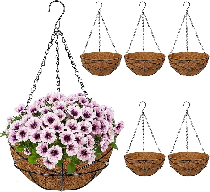 6 Pack 10 inch Metal Hanging Baskets for Plants Outdoor Metal Wire Hanging Basket Planter with Coco Fiber Liners Flower Pots for Home Porch Garden Patio, Diamond-Shaped