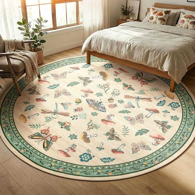 Mushroom Insect 6ft Round Rug Washable Non-Slip Soft Ultra-Thin Small Boho Circle Carpet for Entryway Kitchen Bedroom Nursery Dining Room Khaki Green