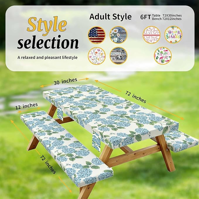 Picnic Table Cover with Bench Covers Elastic,Fitted Table Cloths for Rectangle Tables 6 Foot Washable,Waterproof Tablecloth for Outdoor Camping Essentials (Blue Hydrangea, 6 Foot)