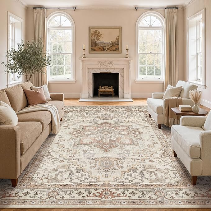 DTICON Vintage Washable 9x12 Area Rug Living Room Rugs, Beige | Boho Distressed, Pet & Kid Friendly, Non-Slip Backing, Soft Polyester, Low-pile Carpet for Living Room, Bedroom, Dining Room