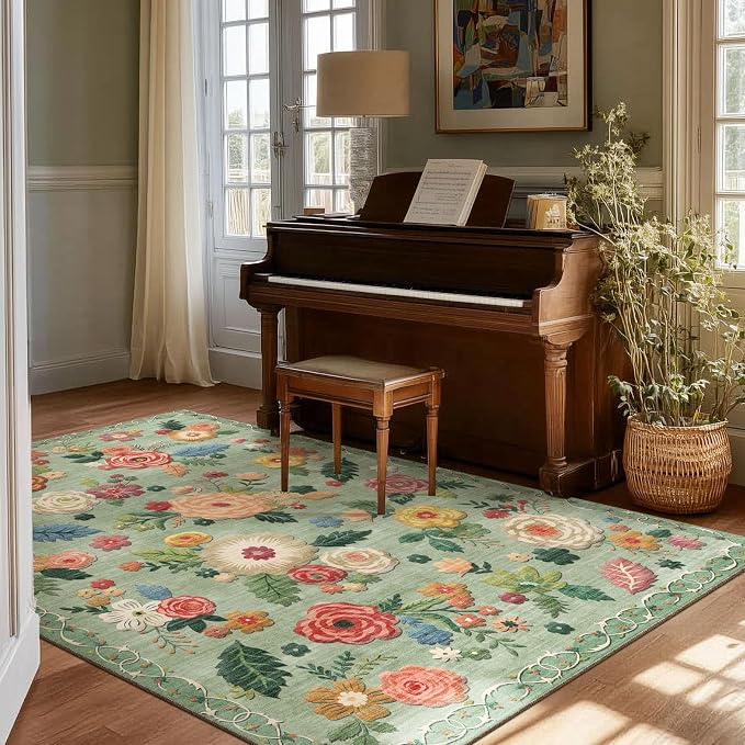 4x6 Bedroom Area Rug Washable: Throw Rugs for Living Room Floral Green Rug Non Slip Low Pile Faux Wool Non Shedding Small Carpet for Kitchen Entryway Bedside Home Office Dorm Kids Room Entrance Entry