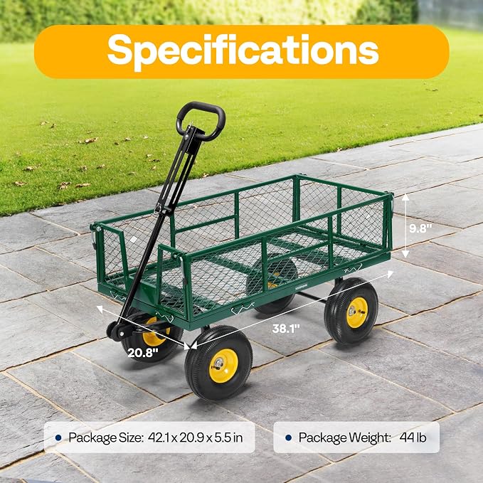 VIVOHOME Steel Garden Cart Heavy Duty 900 LBS 4.5 Cu Ft Utility Wagon | Removable Sides, 10 inch Tire and Handle Attach to ATV or Tractor Green