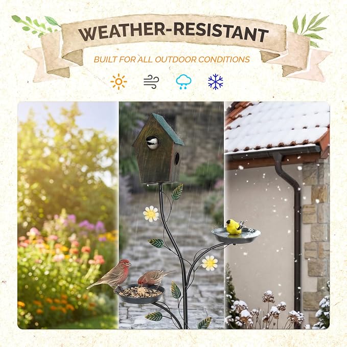 VINGLI 74.8" H Metal Bird Bath with Bird House, Outdoor Bird Bath with Stakes, 3-in-1 Bird Feeder for Patio, Garden, Yard, Lawn (Top-Fixed Bird House)