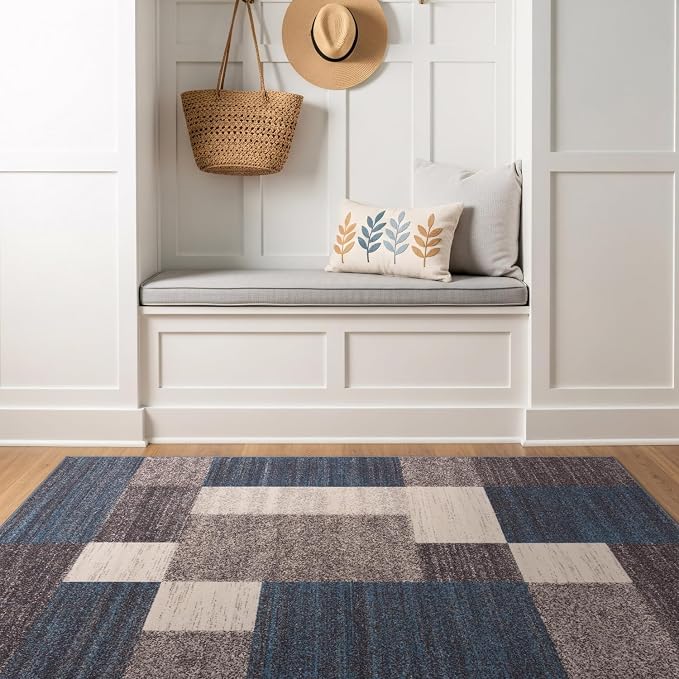 Rugshop Geometric Boxes Non-Slip Contemporary Area Rug Blue 3'3" x 5' | Non-Shedding, Rectangular, Size 3'3" x 5', Living Room, Bedroom, Dining Room, Home Office, Kitchen, Entryway, Hallway