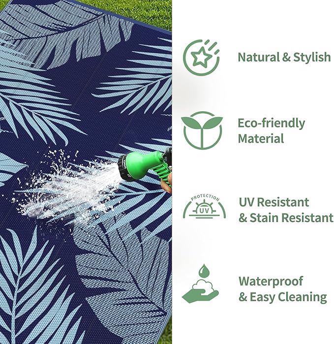 GENIMO Outdoor Rug 8' x 10' Waterproof for Patios Clearance, Reversible Outdoor Plastic Straw Camping Rug Carpet,Large Area Rugs Mats for RV,Camper,Deck,Balcony,Porch,Beach, Navy Blue & Pastel Blue