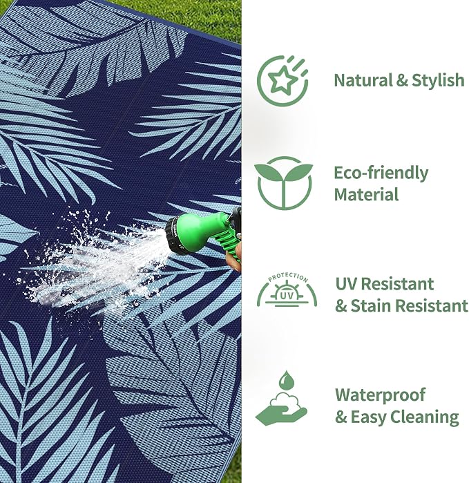 GENIMO Outdoor Rug 6' x 9' Waterproof for Patios Clearance, Reversible Outdoor Plastic Straw Camping Rug Carpet, Large Area Rugs Mats for RV, Camper, Deck, Balcony, Porch, Beach, Navy Blue&Pale Blue