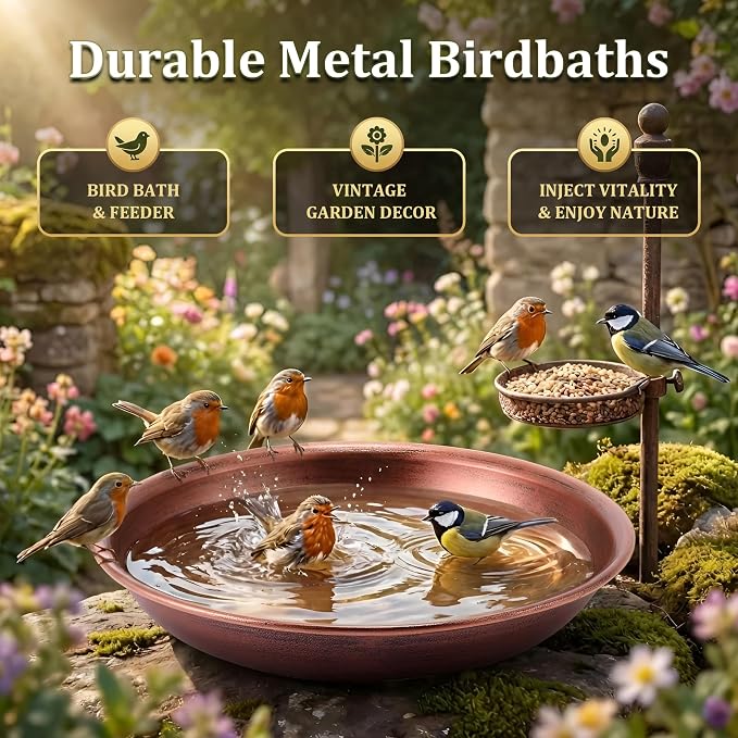 HappyAlley Bird Bath Bowl, Vintage Metal Bird Bath for Outdoor, 12.59'' Dia 2.7" Depth Heavy Duty Birdbath Bowls only, Large Capacity Birds Baths Feeder Bowl for Garden Patio Yard Lawn Decor