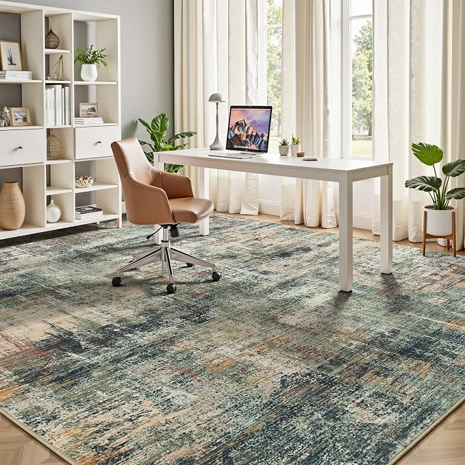 5x7 Area Rug for Living Room, Abstract Washable Non-Slip Rugs, Coffee/Green | Neutral Modern Carpet for Bedroom Dining Room Home Office Nursery, Stain Resistant Non-Shedding Foldable Indoor Rug
