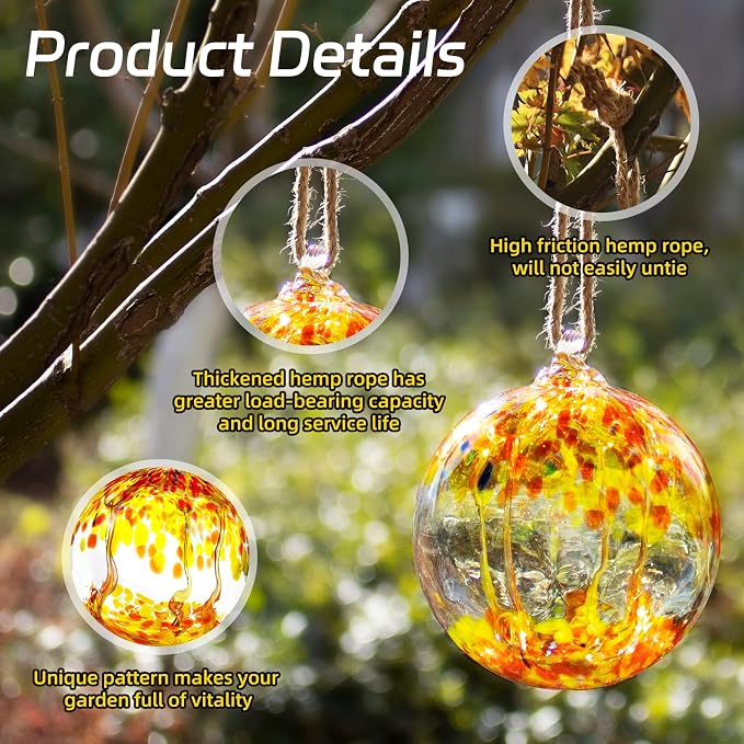 VOREEN 6" Hanging Glass Garden Gazing Ball Hand Blown Glass Witch Ball Christmas Ornament Friendship Balls for Outdoor Garden Patio Window Home Décor, Gift for Mom Wife Friend, Orange