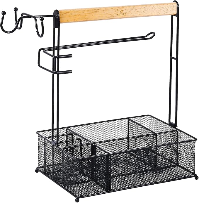 VIKEYHOME Grill Caddy, Picnic BBQ Organizer for Camping Outdoor Mesh Basket with 3 Hanging Hooks and Paper Towel Holder, Ideal Table Storage Tools for RV Camper/Tailgating/Flatware