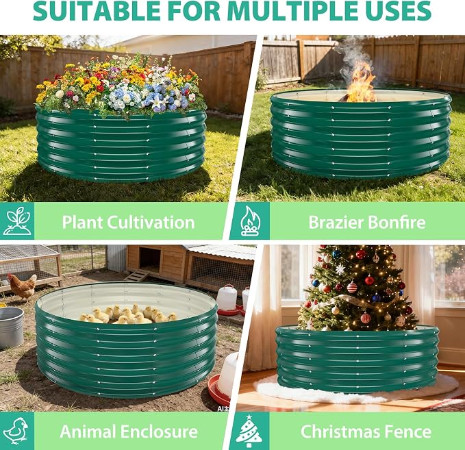 YSEJOMP 17" Tall Round Outdoor Garden Raised Garden Bed Kits-0.8MM Thick Metal Raised Planter Bed/Ground Planter Box for Variety of Flowers,Herbs,Vegetables,Trees (Dark Green, 48 Dia X 16.5inches)