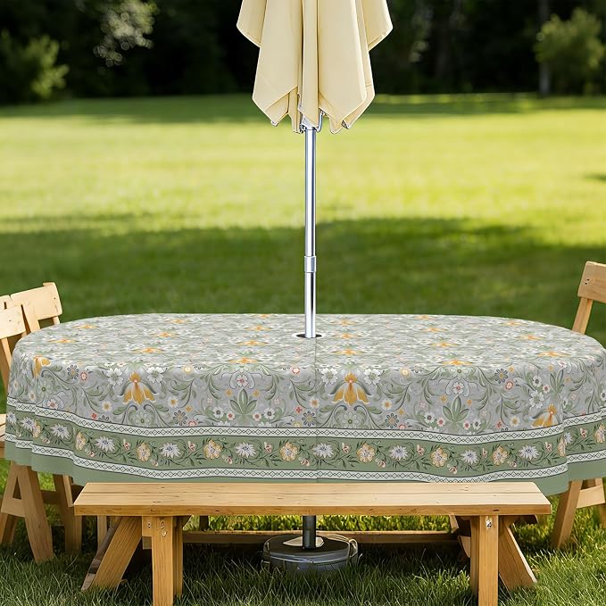 Green Print Outdoor Oval Tablecloth with Umbrella Hole 54" x 72" Waterproof Zipper Table Cloth for Patio Table - Ideal Tablecloths for Picnics, Camping, and Yard Use