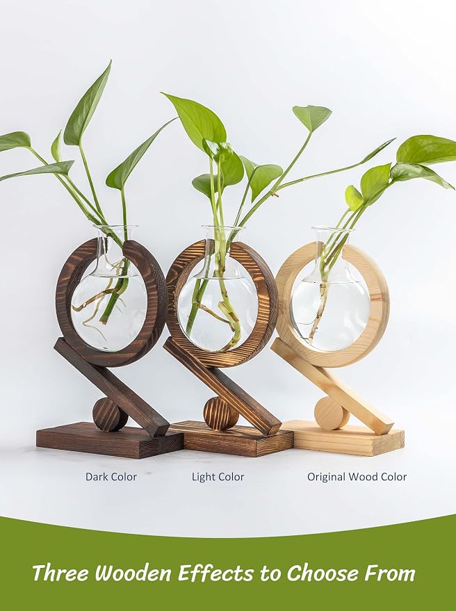 Glass Plant Propagation Station with Wooden Stand and Air Planter Bulb Vase, Planter Terrarium for Home Office Garden Boho Desk Decor,Mothers Day Vase (Natural Wood)
