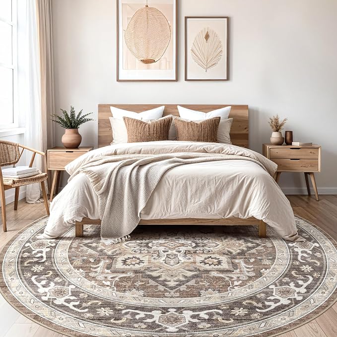 Round Washable Area Rug 8ft, Boho Vintage Distressed Oriental Medallion, Neutral Blue, Thin Carpet for Living Room Bedroom Home Office Decor -Dark Brown