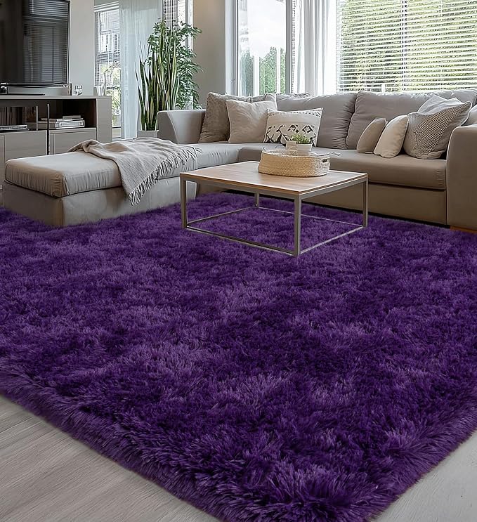 Soft Shag Fluffy Living Room Rug 6x9 Purple Washable | Upgrade Non-slip, 6 x 9 Shaggy Rugs for Bedroom Nursery, High Pile Fuzzy Plush Carpet Girls Kids Room Dorm, Flame Resistant