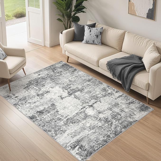 DMOYEST 4x6 Area Rug for Living Room Washable Abstract Indoor Carpet | Neutral Modern Low Pile Rugs Kid & Pet Friendly Soft Thin Carpet for Bedroom Dining Room and Office - Grey
