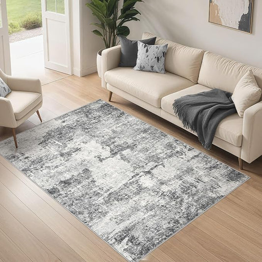 DMOYEST 4x6 Area Rug for Living Room Washable Abstract Indoor Carpet | Neutral Modern Low Pile Rugs Kid & Pet Friendly Soft Thin Carpet for Bedroom Dining Room and Office - Grey