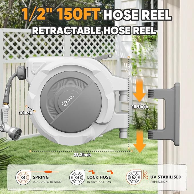 Retractable Garden Hose Reel, 1/2" x 150FT Heavy Duty Auto Hose Reel Wall Mounted, Upgraded UV Resistant with 10 Pattern Nozzle, Any Length Lock & Slow Return System,180°Swivel Bracket,Light Grey