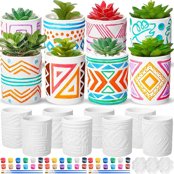 Zubebe 16 Pcs Paint Your Own Flower Ceramic Pots with Drainage Hole, 8 Style Bohemian Unfinished Succulent Pots Painting Kit Mini Paintable Vase for Summer Spring Classroom Craft Gift DIY Art Activity