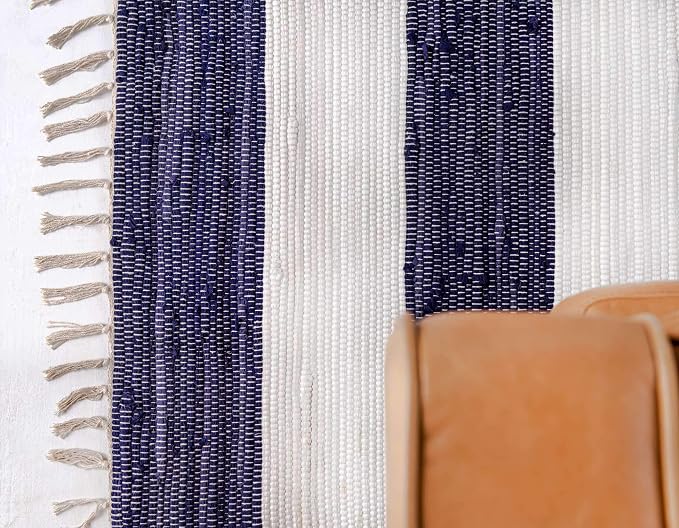 Unique Loom Chindi Rag Collection Area Rug - Striped (2'x 3' 1" Rectangle, Navy Blue/ Ivory)