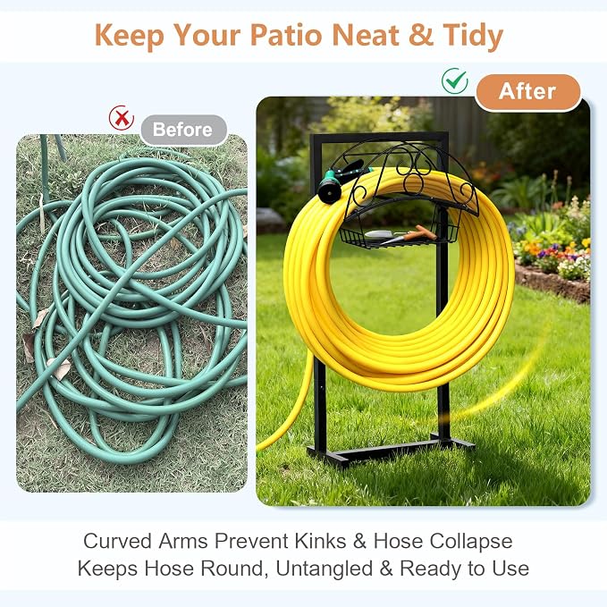 Skypatio Garden Hose Holder with Basket, Metal Water Hose Holder Holds 150ft Hose, Freestanding Hose Storage Stand with 4 Stakes, Rust-Resistant Heavy Duty Hose Hanger for Outside