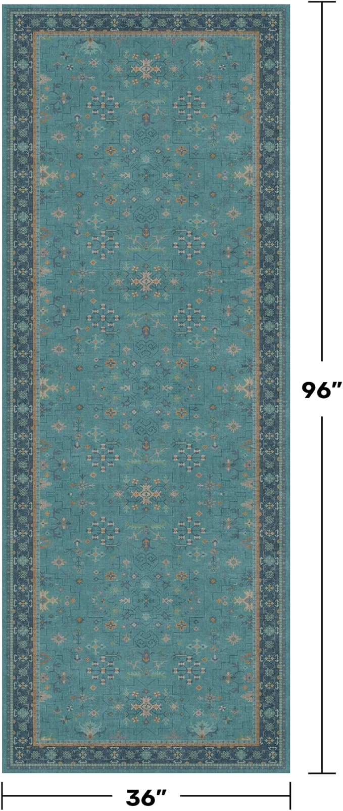 Washable 3x8 Throw Rug for Hallway - Teal Green Rugs for Entryway Indoor, Bedroom Bedside, Mudroom, Boho Eclectic Modern Décor, Non Slip Low Pile Fade Resistant