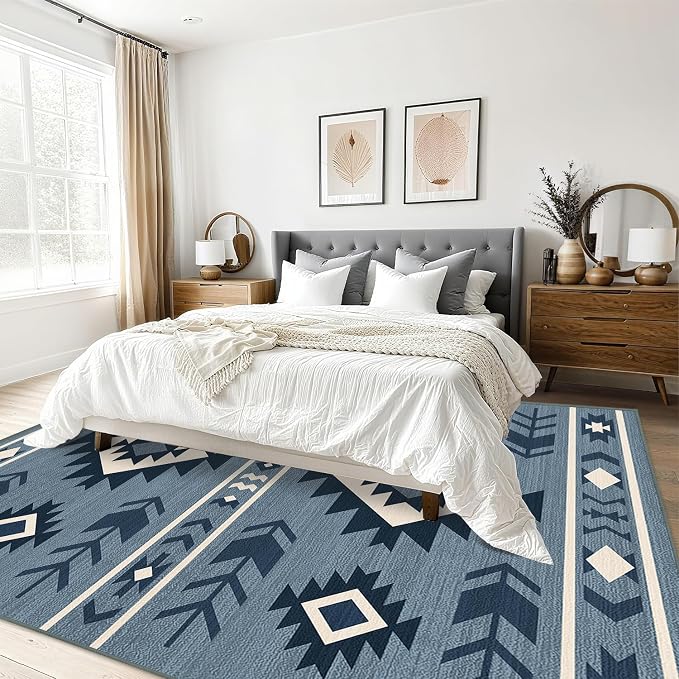 Area Rug 6x9 Western Rug Living Room Southwestern Aztec Tribal Rugs Southwest Navajo Machine Washable Non-Slip Printed Low-Pile Floor Carpet for Bedroom Dining Room Office, Blue