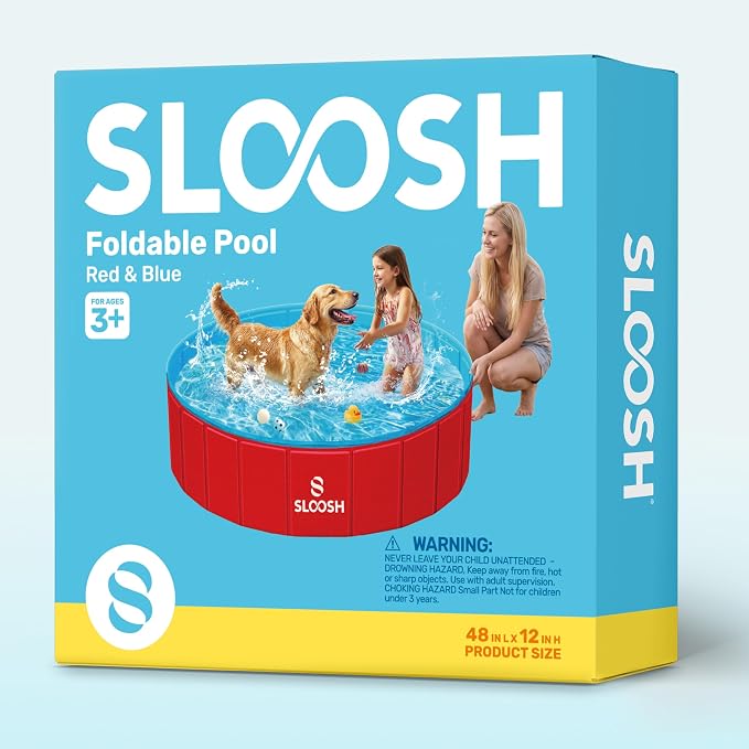 SLOOSH Foldable Dog Kiddie Pool - Portable Hard Plastic Doggie Swimming Pool, Anti-Slip Collapsible Pets Bath Tub Suitable for Kids Indoor Outdoor Backyard Use (Red, 48" x 12")