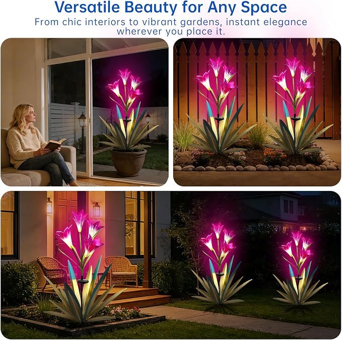 Homight Solar Metal Agave Lily Flower Garden Sculpture with LED Lights 30.3 Inch Waterproof Outdoor/Indoor Yard Decor Handmade Lawn Ornament Gift for Family Friends (3, Blue)