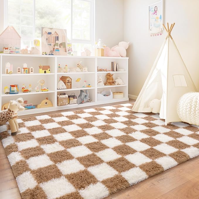 Checkered Rug 9x12 for Living Room, Ultra Fluffy Fuzzy Shag Large Area Rug for Bedroom, Modern Plush Soft Upgrade Non-Slip Carpet for Kids Girls and Boys Room Dorm Home Decor, Cream and Camel