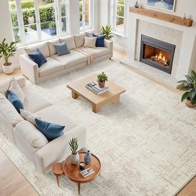 10x12 Area Rug for Living Room Bedroom: Non-Slip Modern Beige White | Machine Washable TPR Backing, Stain-Resistant Low Pile, Pet & Kid Friendly, Abstract Decor for Dining Room, Dorm, Home Office