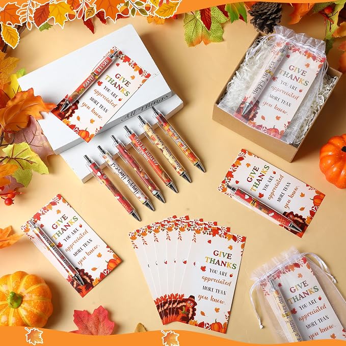 Marspark 30 Sets Fall Gifts Bulk Thanksgiving Ballpoint Pens and Thankful Maple Greeting Cards Set with Bags Twist Ties Autumn Holiday Appreciation Gifts Office Thanksgiving Party Favors