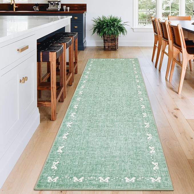 COZYLOOM Hallway Runner Rug 2x6 Bow Bordered Rug for Bedroom, Modern Solid Color Machine Washable Area Rugs Non Slip Stain Resistant Soft Carpet for Kitchen, Entryway, Bathroom, Green