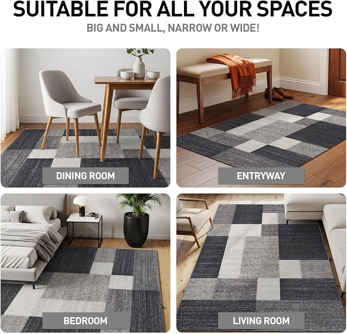 Rugshop Modern Boxes Non-Slip Living Room Bedroom Area Rug Gray 7'10" x 10' | Rectangular, Size 7' 10" x 10', Dining Room, Home Office, Kitchen, Entryway, Hallway, Nursery, Kids Room, Guest Room, Bedside