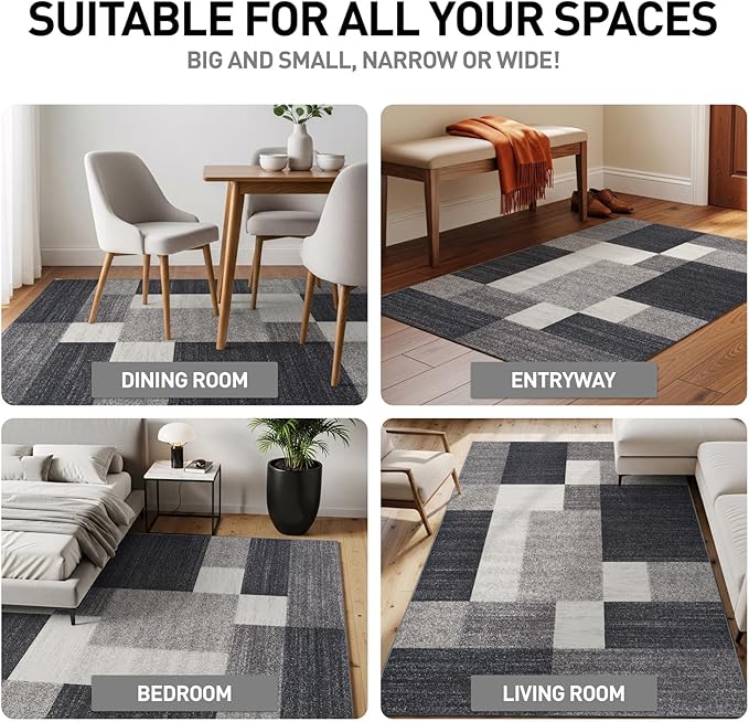 Rugshop Geometric Boxes Non-Slip Modern Living Room Area Rug Gray 4' x 6' | Non-Shedding, Rectangular, Size 4' x 6', Bedroom, Dining Room, Home Office, Kitchen, Entryway, Hallway, Nursery, Kids Room