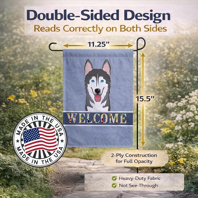 Caroline's Treasures BB1404GF Alaskan Malamute Welcome Garden Flag, Blue Mailbox Flag Decorative Yard Flag Banner Outside Patio Artwork Yard Flower Beds, Garden Size, Multicolor