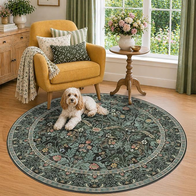 5ft Round Rug for Reading Corner Small Living Room, Soft Ultra Thin Non Slip Floral Circle Area Rug, Machine Washable Forest Green Carpet, Low Pile Floor Mat for Entryway, Home Office (Dark Green)